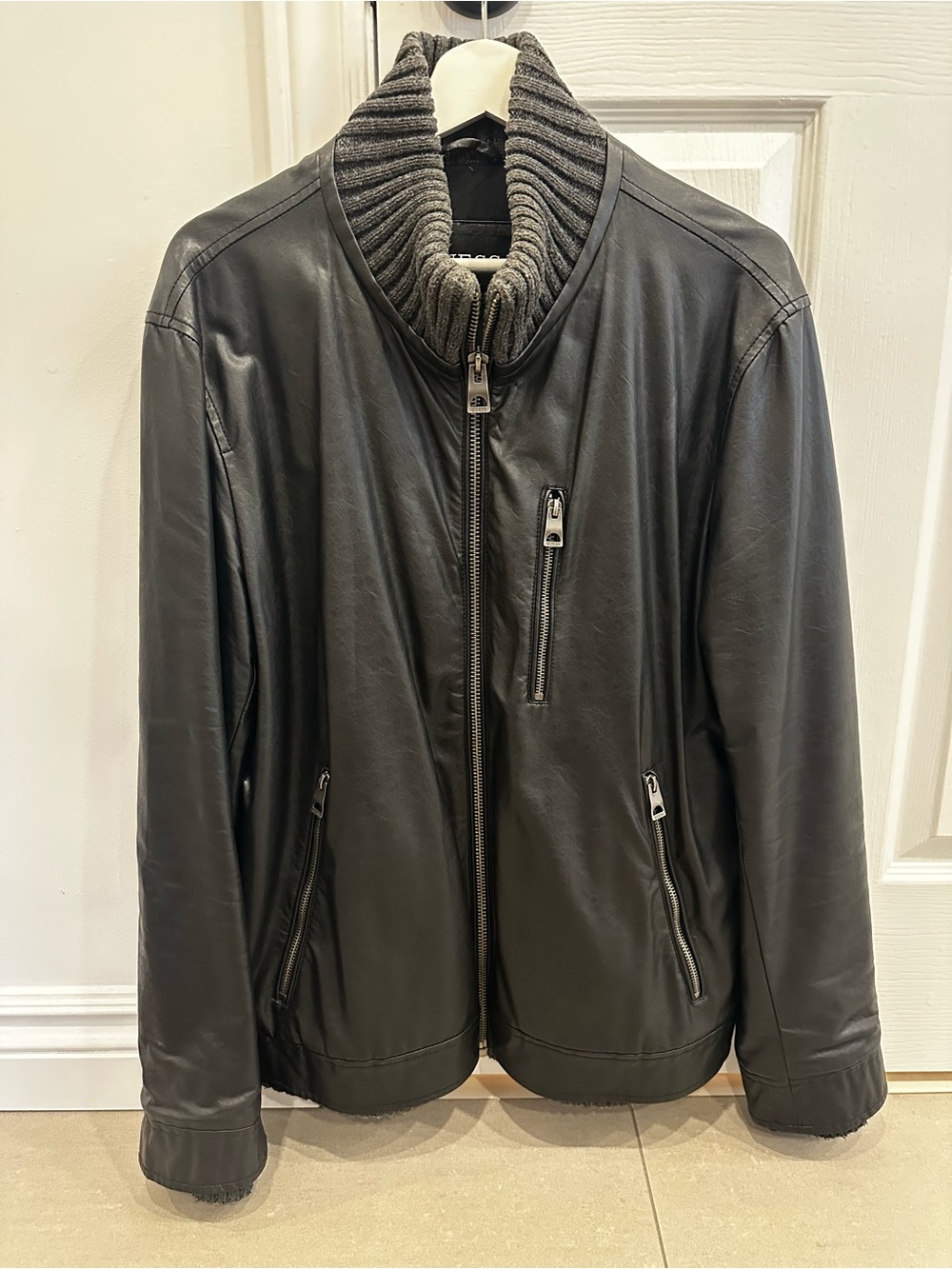 Guess Men's Black faux Leather Bomber Jacket with Rib-Knit Collar